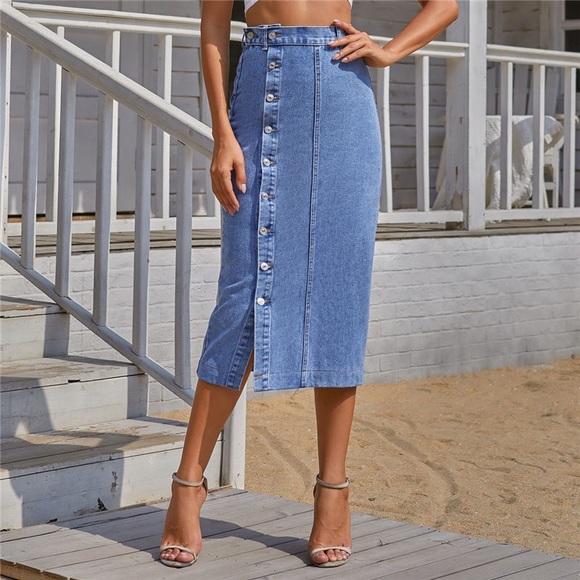 Denim MIDI Skirt with Slit - Picture 2 of 3